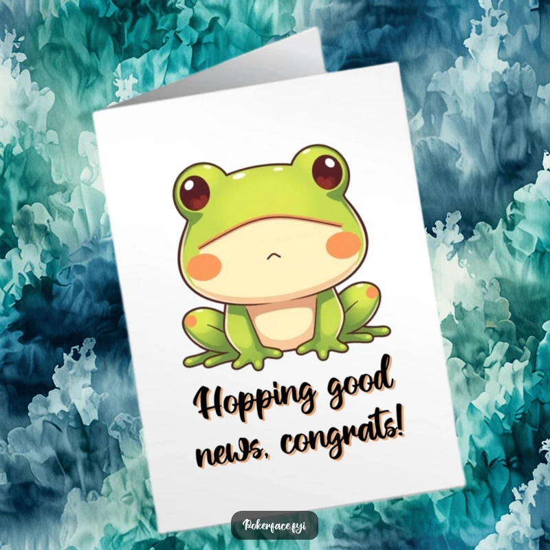 Funny Free Printable Congratulations Card: A frog with a completely impassive face offering congratulations with a deadpan, unchanging expression.
