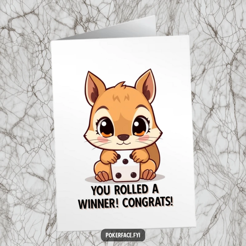 Free Printable Congratulations Card with a squirrel gambler staring intensely at dice, wishing good luck for their big achievement.