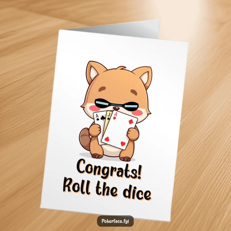 Free Printable Congratulations Card: An animal character holding an unreadable playing card, symbolizing unpredictable and exciting success.