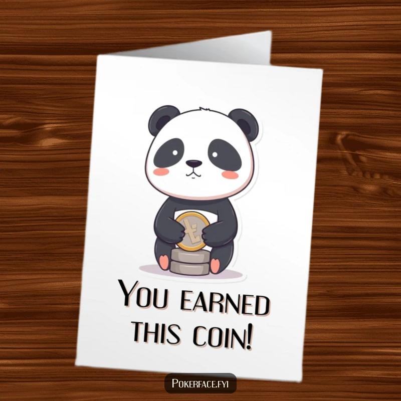 Free Printable Congratulations Card featuring a panda with a stoic face balancing a single coin, representing steady success.