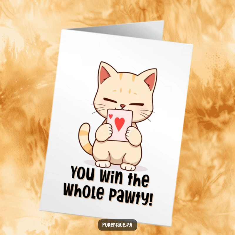 Funny Free Printable Congratulations Card: Calm cat character holding a single playing card with no expression. Humorous downloadable for wins.
