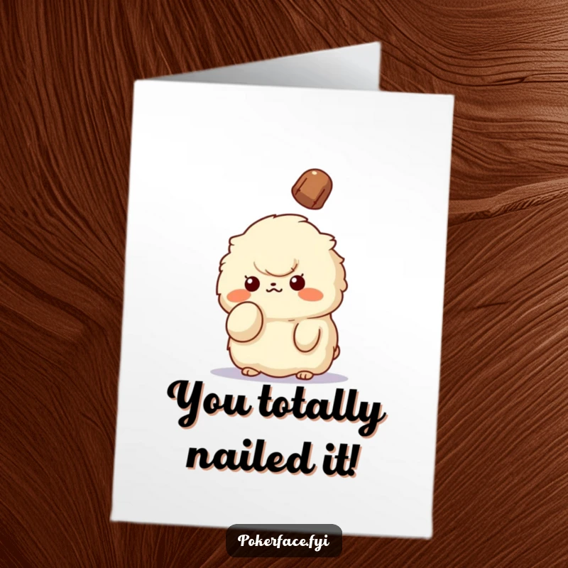Funny Free Printable Congratulations Card: Fluffy creature holds up a finger, serenely unbothered by a falling object.