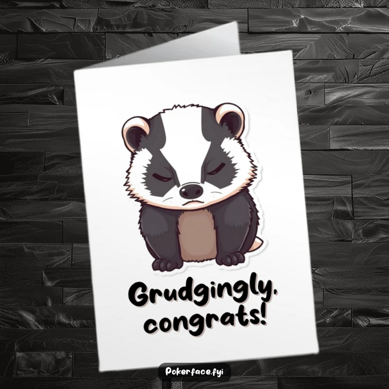 Funny Free Printable Congratulations Card: Grumpy badger with closed eyes offering neutral congrats