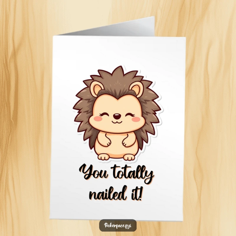 Funny free printable congratulations card with a reserved hedgehog character looking unimpressed, perfect for a low-key celebration.