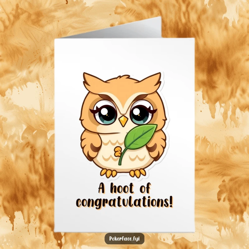 Funny Free Printable Owl Congratulations Card: An owl with unblinking eyes and a leaf congratulates a smart achievement with wisdom.