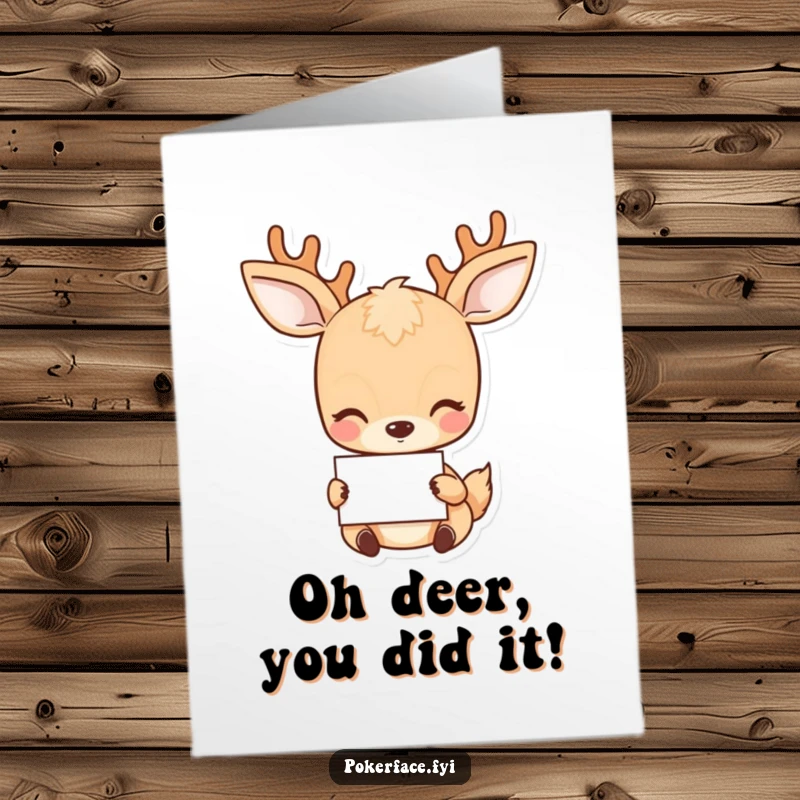 Funny Free Printable congratulations card featuring a deer with a neutral expression holding a card, great for downloadable art.