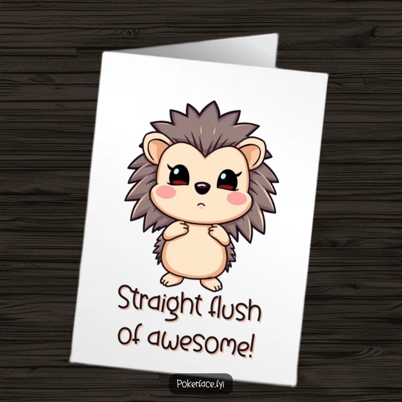 Funny Free Printable Congratulations Card: Unflappable hedgehog with a straight flush, offering congratulations with no emotion
