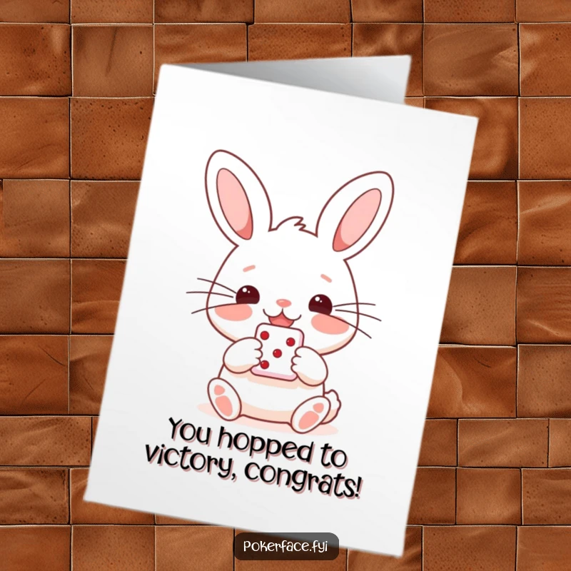 Funny Free Printable Congratulations Card: Happy Rabbit character with straight whiskers holding a die, celebrating good luck.