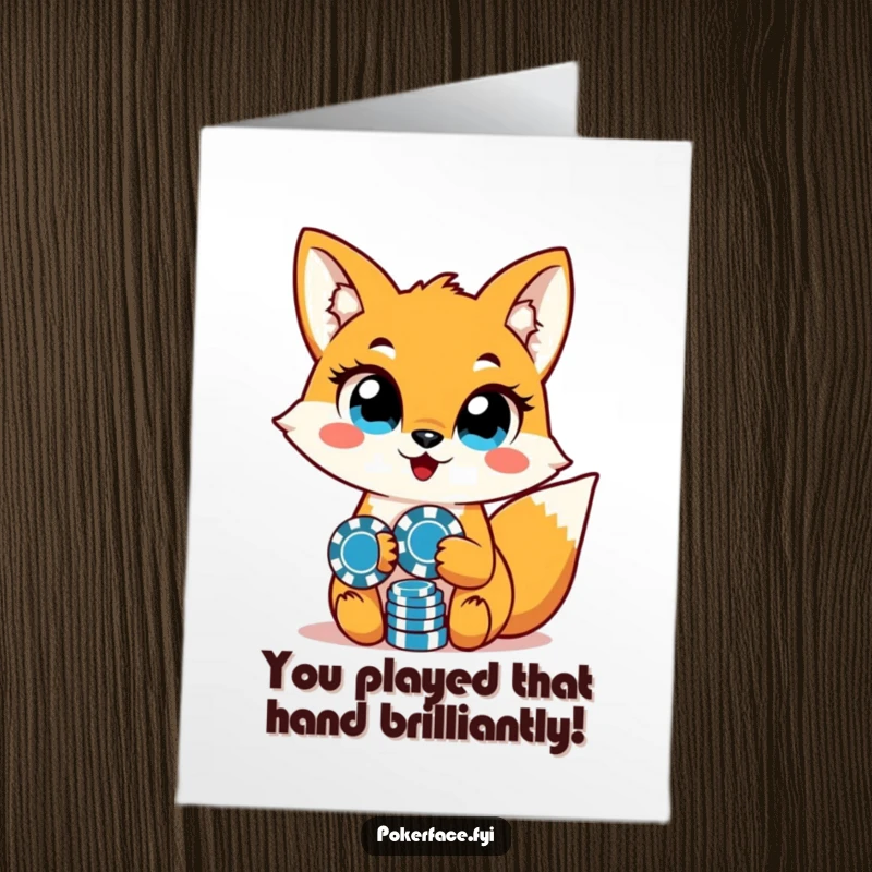 Funny Free Printable Congratulations Card: A fox with intense, unwavering eyes clutches poker chips, representing a shrewd victory.