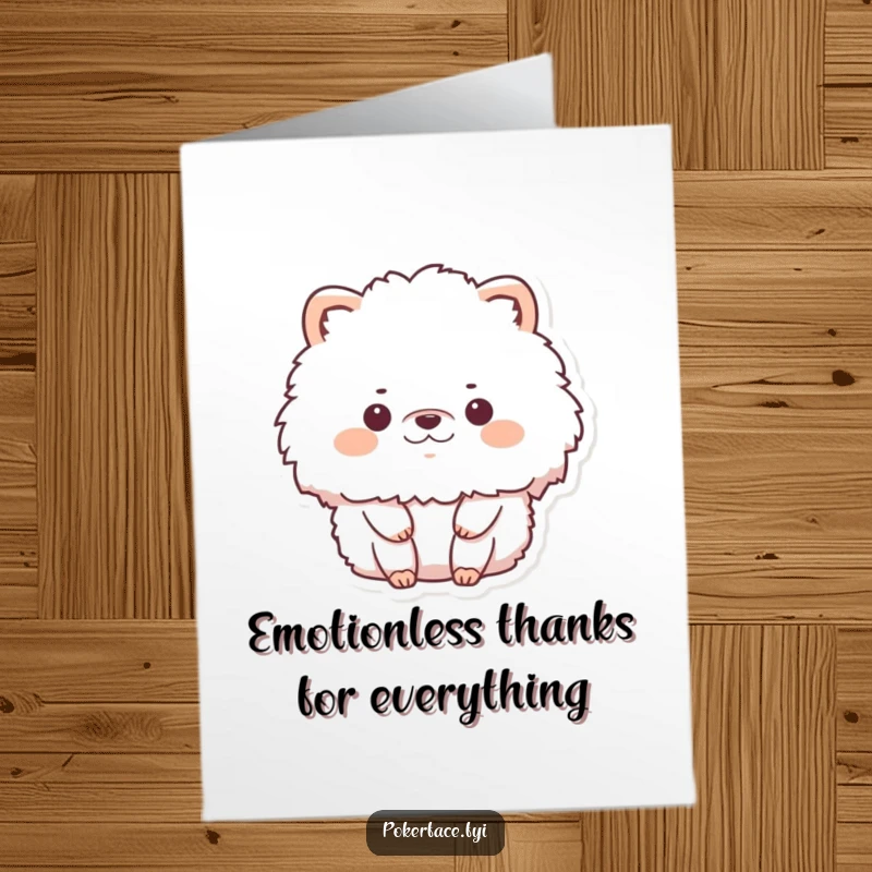 Funny Free Printable Thank You Card showcasing a fluffy animal character with a completely still, emotionless demeanor, perfect for a subtly humorous thank you.