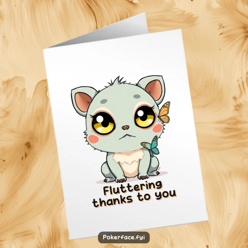 Funny Free Printable Thank You Card: Creature has large, unblinking eyes, watching a butterfly flutter past.