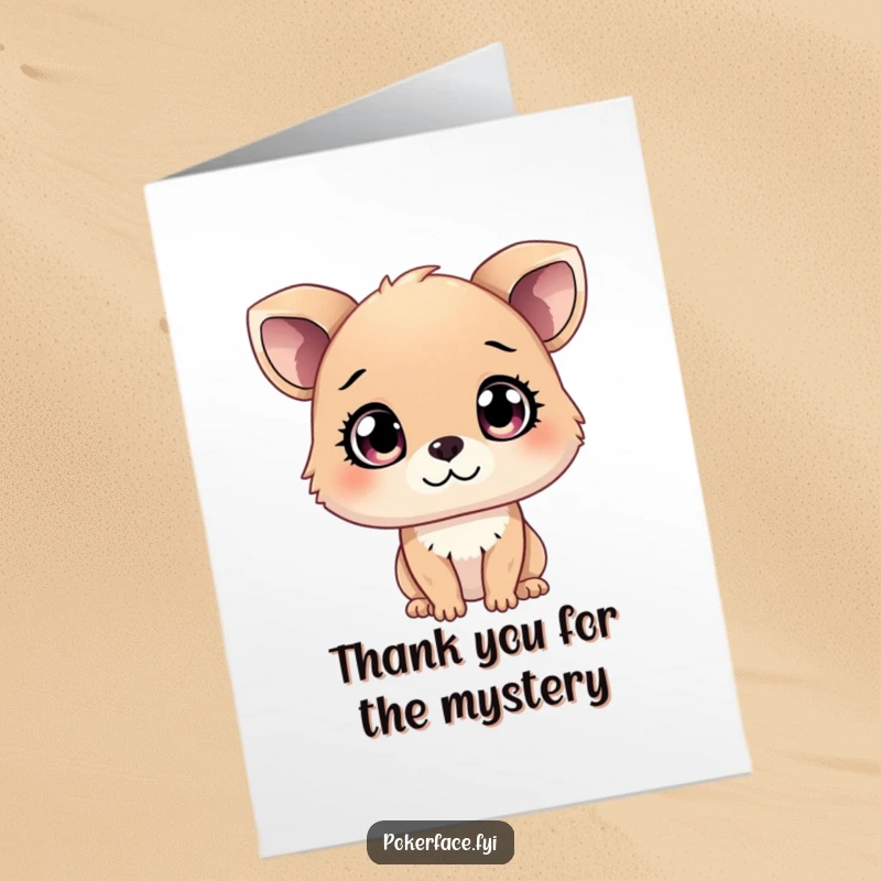 Funny Free Printable Thank You Card featuring a curious animal character with mysterious, unreadable eyes conveying thanks in a humorous, enigmatic way.