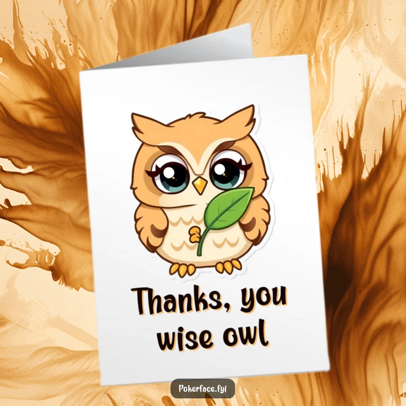 Funny Free Printable Owl Thank You Card: A wise owl holding a leaf conveys sincere thanks with its unblinking gaze.