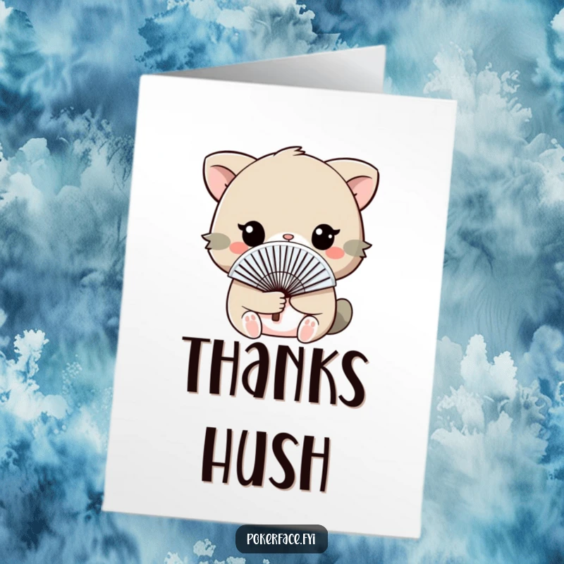Funny Free Printable Thank You Card featuring an animal holding a fan in front of its face, conveying thanks with a touch of shy charm.