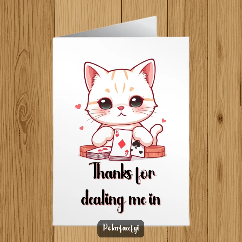 Funny Free Printable Thank You Card: A cat with a neutral face plays cards, offering a hilariously deadpan thank you.