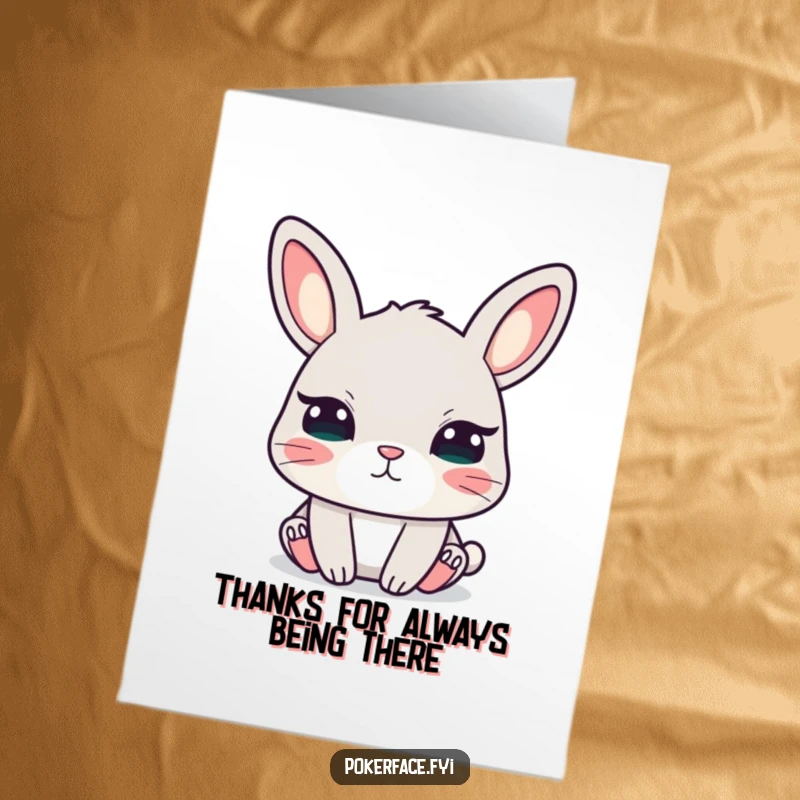 Funny free printable thank you card of a rabbit with unblinking eyes, looking calmly, a humorous and quirky downloadable.