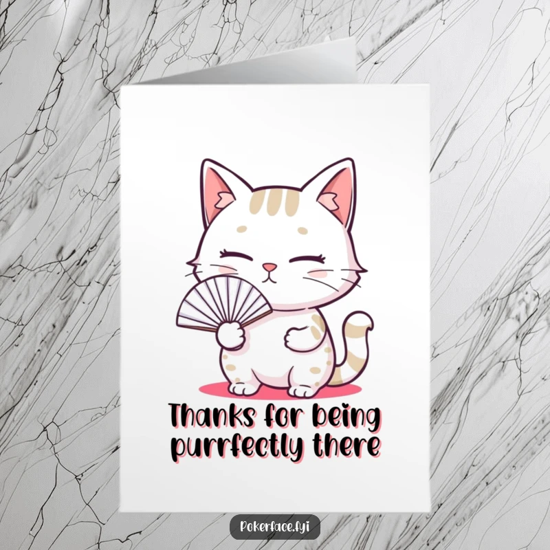 Funny free printable thank you card featuring a cat with an utterly blank expression holding a fan, a humorous downloadable.