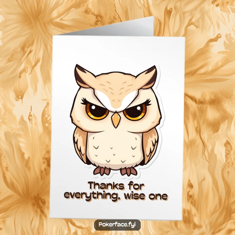 Funny free printable thank you card featuring a serious owl with unwavering focus, conveying gratitude with a touch of quirky humor.