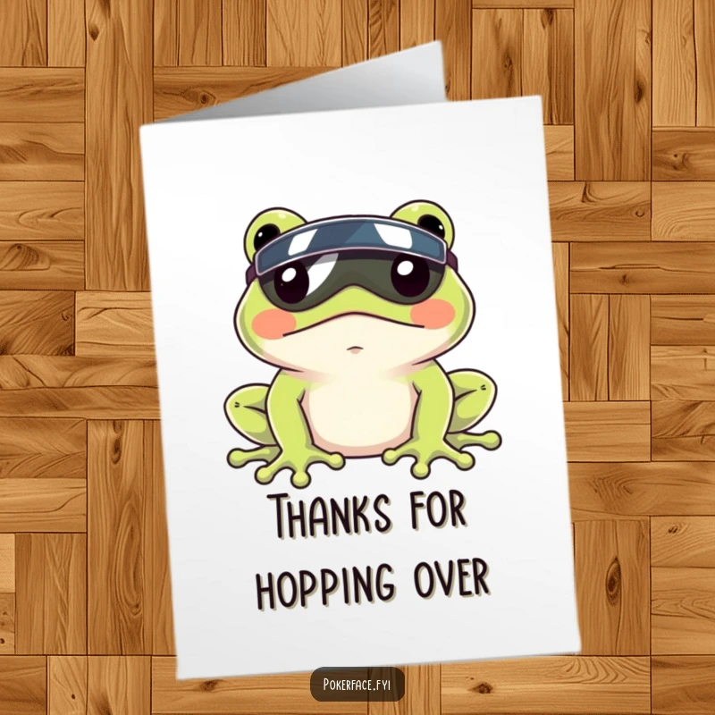 Funny Free Printable Thank You Card of a frog with a completely still face, wearing a small visor, offering cool thanks.