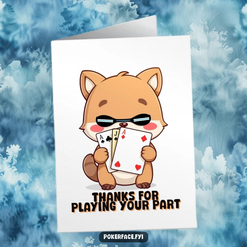 Funny Free Printable Thank You Card: An animal character holding a mysterious, unreadable playing card, conveying thanks with playful ambiguity.