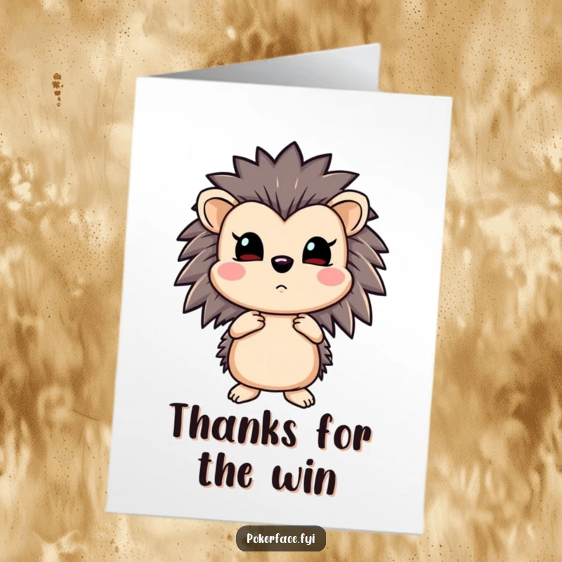 Funny Free Printable Thank You Card: Stoic hedgehog holding a straight flush, conveying thanks with a completely neutral expression