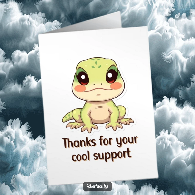 Funny free printable thank you card featuring a calm lizard remaining perfectly still with eyes forward, conveying gratitude with quiet humor.