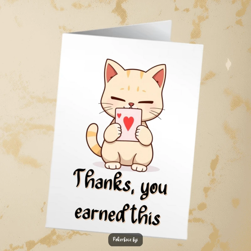 Funny Free Printable Thank You Card: Calm cat character holding a single playing card with no expression. A downloadable thank you with feline grace.
