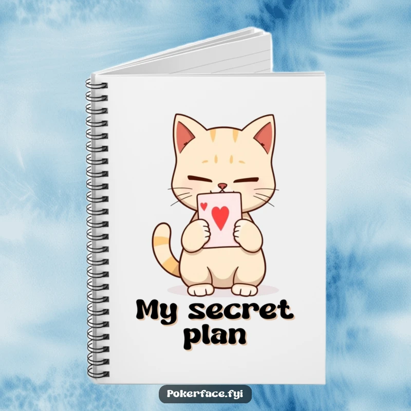 Funny notebook featuring a calm cat character holding a playing card with a blank, unexpressive face, inspiring focused notes and serene ideas.