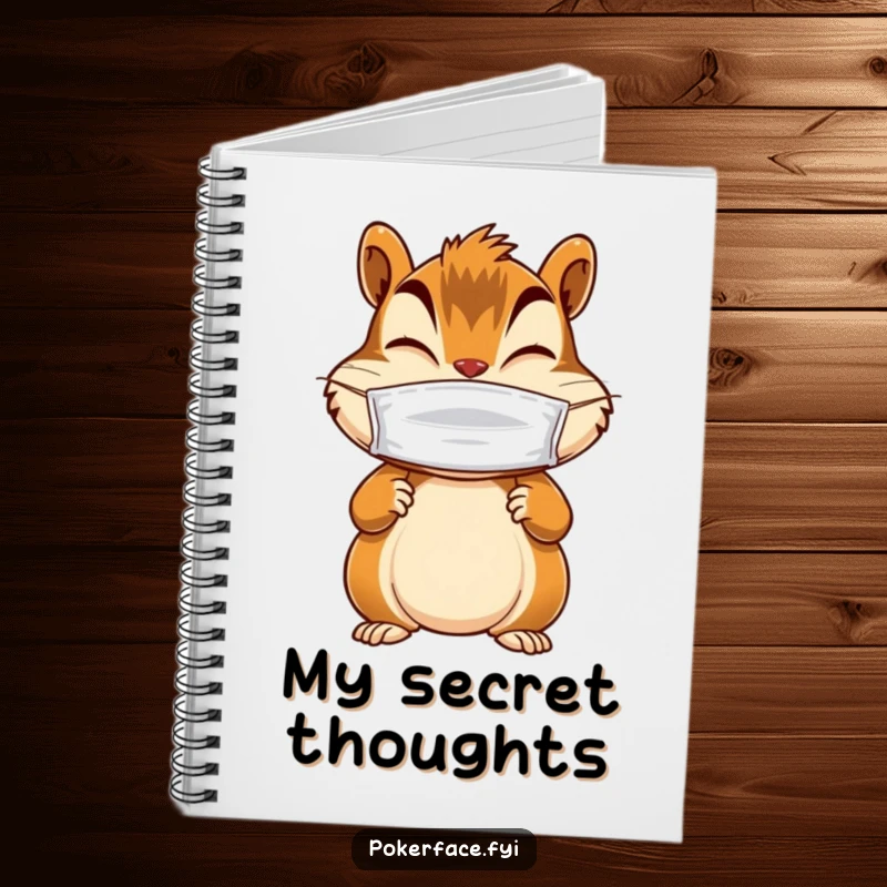 Funny notebook with a giggling chipmunk character wearing a blank mask and still paws, ideal for jotting down mysterious thoughts.