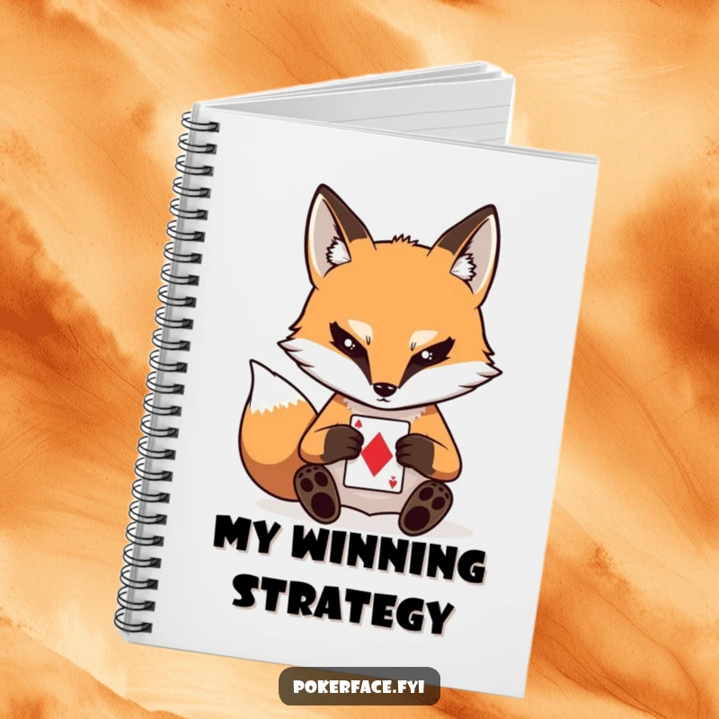 Funny notebook featuring a stoic fox character with a blank stare, playing a card, inspiring focused notes and poker-faced ideas.