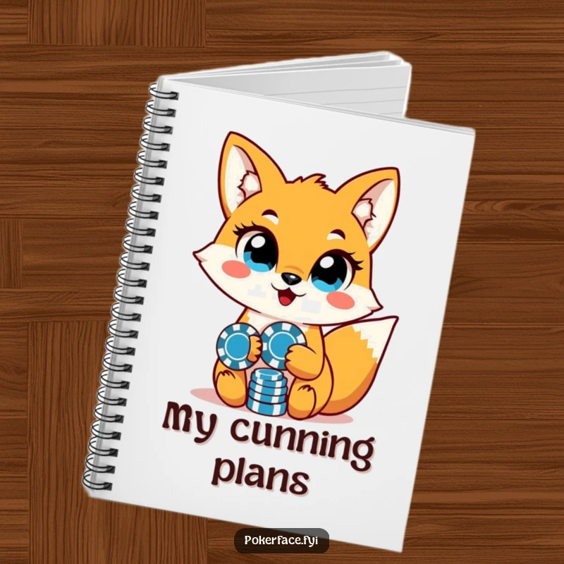 Funny fox character with unwavering eyes and poker chips in a notebook, perfect for planning and strategy.