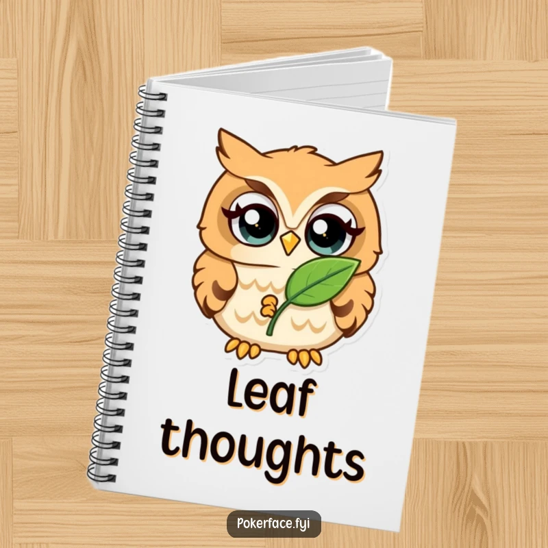 Funny Notebook with a wide-eyed owl holding a single leaf, ideal for journaling observations and nature notes.