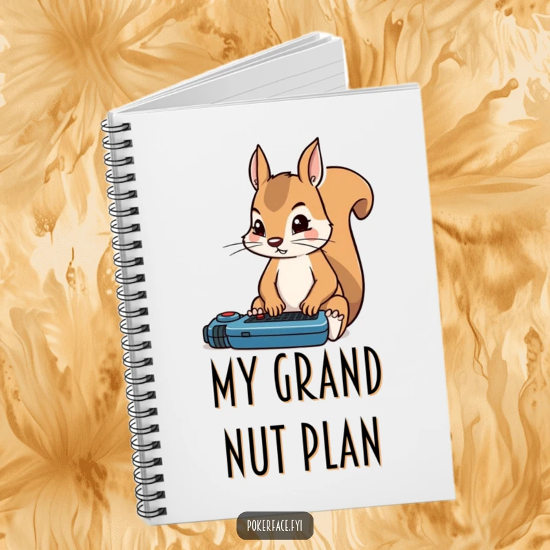 Funny squirrel notebook cover depicts a poker player squirrel with rigid, intense focus on the game, ready for strategy.