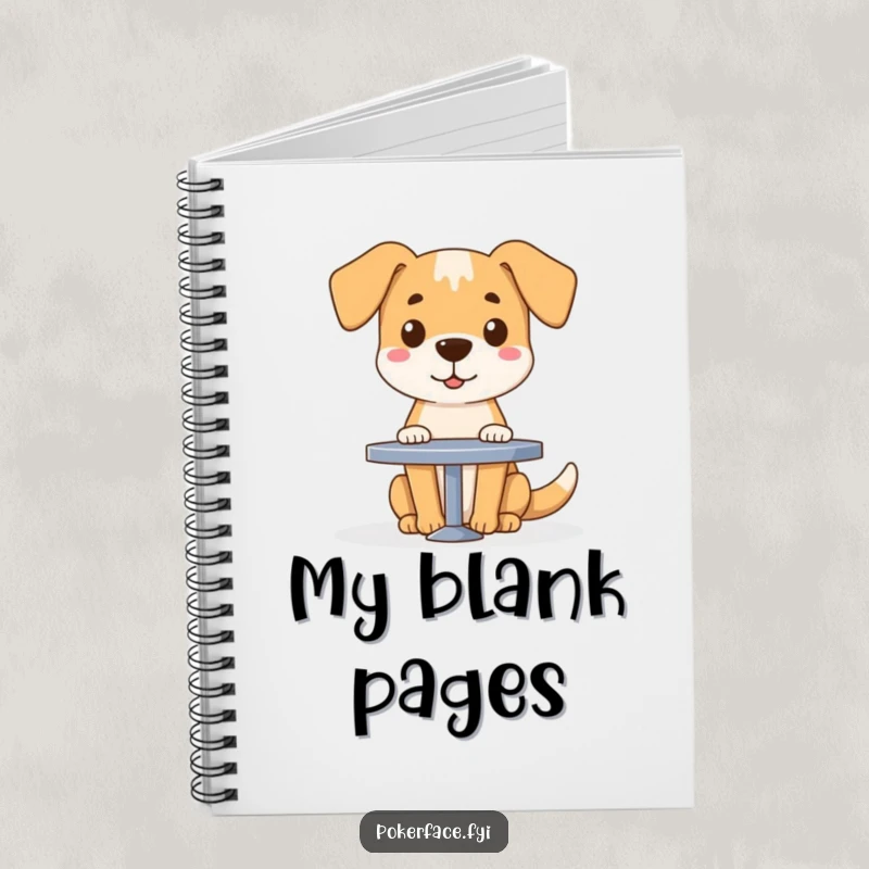 Funny dog character with a blank face sitting at a table in a notebook, perfect for writing.