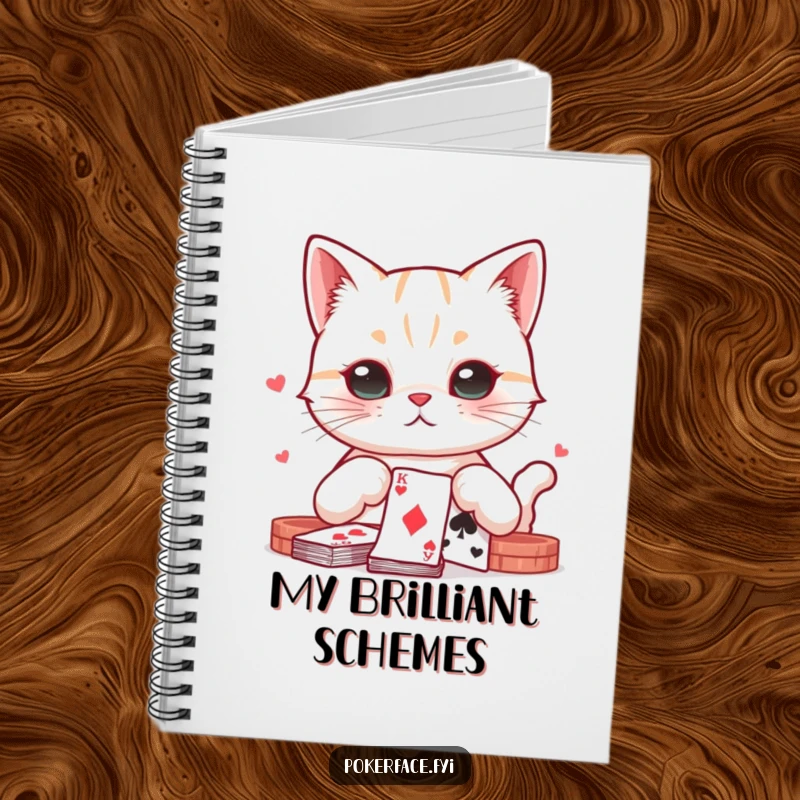 Funny cat character with a neutral expression playing cards in a notebook, perfect for journaling or note-taking.