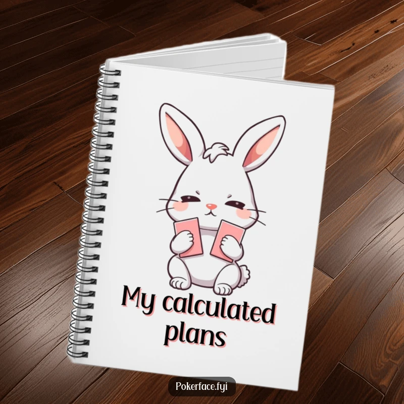 Funny Notebook: Emotionless rabbit character holding playing cards, ideal for note-taking with a side of feline composure and quiet humor.