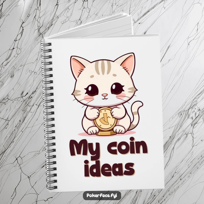 Funny notebook with a smiling cat with neutral eyes, balancing a coin, ideal for jotting down calm and focused thoughts.