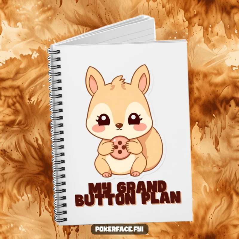 Funny notebook with a cover illustration of a squirrel holding a button, its eyes fixed in a humorous, unchanging stare. For notes.