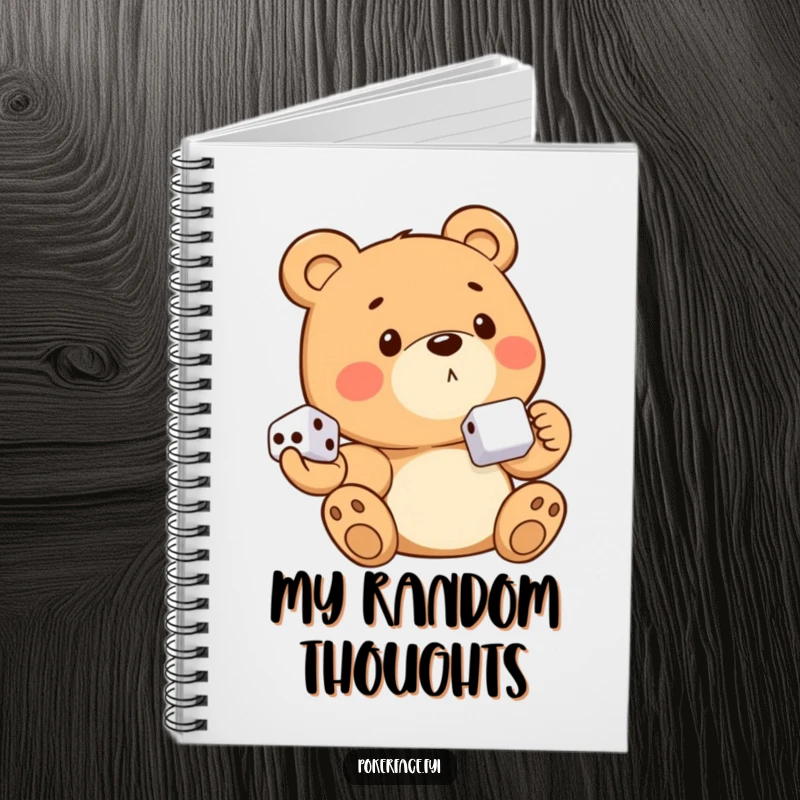 Funny bear character with no emotion, holding dice, in a notebook, perfect for strategy and planning.