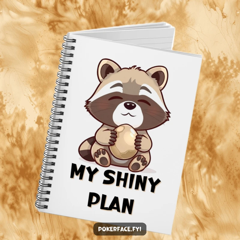 Funny Notebook featuring a content raccoon holding a shiny pebble, perfect for journaling and collector's notes.