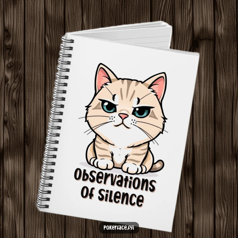 Funny Notebook: Stoic cat character with perfectly still whiskers, ideal for note-taking with a side of feline composure and quiet humor.