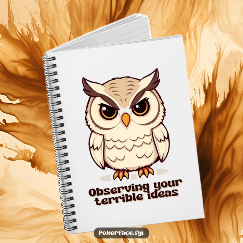 Funny Owl Notebook with a stoic owl character, unblinking eyes, ideal for journaling profound thoughts with a touch of humor, a funny gift.
