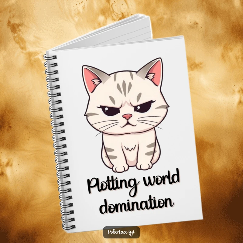 Funny Notebook featuring a stoic cat character with a perfectly unreadable expression, perfect for humorously confidential notes.