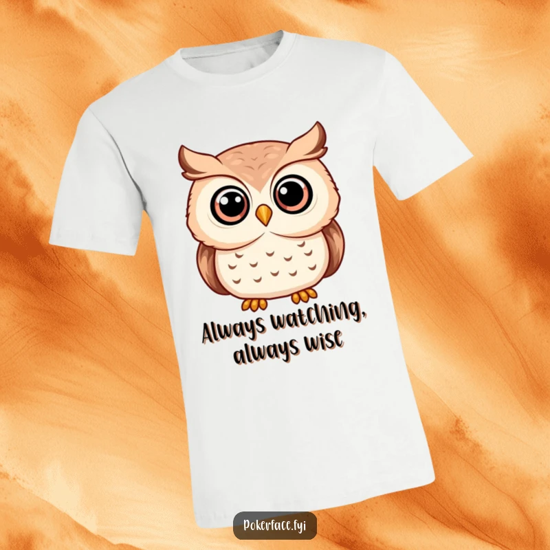 Funny serene owl t-shirt showing an owl with wide, steady eyes, representing astute observation and calm.