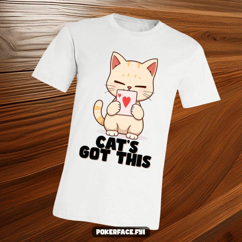 Funny t-shirt featuring a calm cat with a blank, unexpressive face, holding a single playing card with serene indifference.