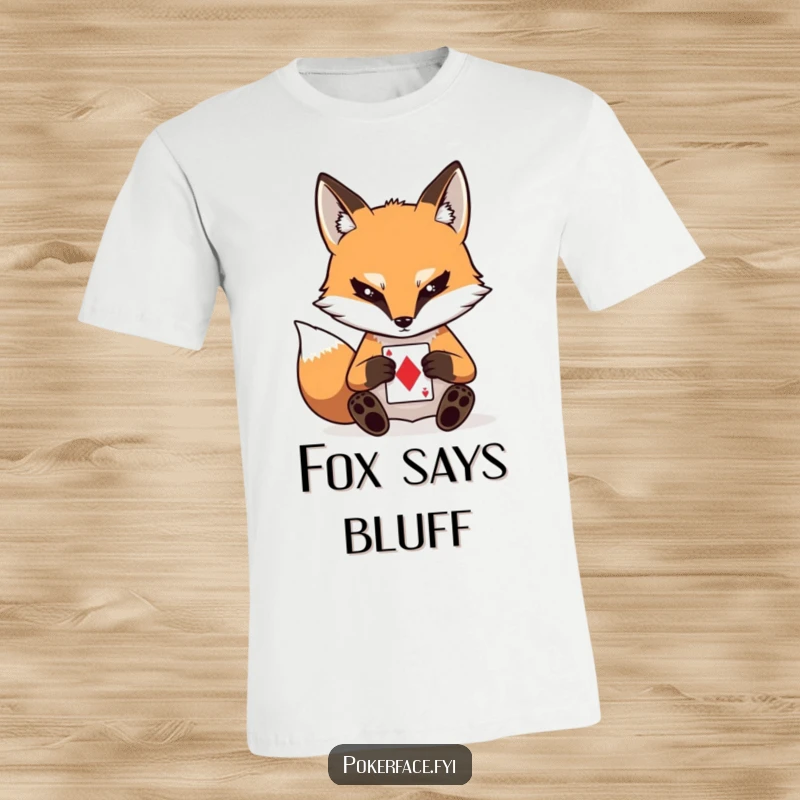 Funny t-shirt featuring a stoic fox with an unreadable blank stare, calmly playing a single card during a game.