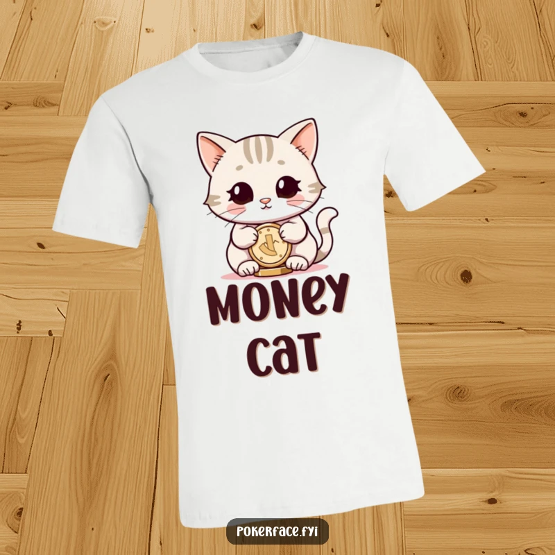 Funny t-shirt showcasing a smiling cat with neutral eyes, perfectly balancing a coin, embodying calm and subtle humor.