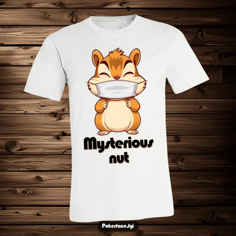 Funny t-shirt depicting a giggling chipmunk wearing a blank mask and keeping its paws still, embodying playful mystery.
