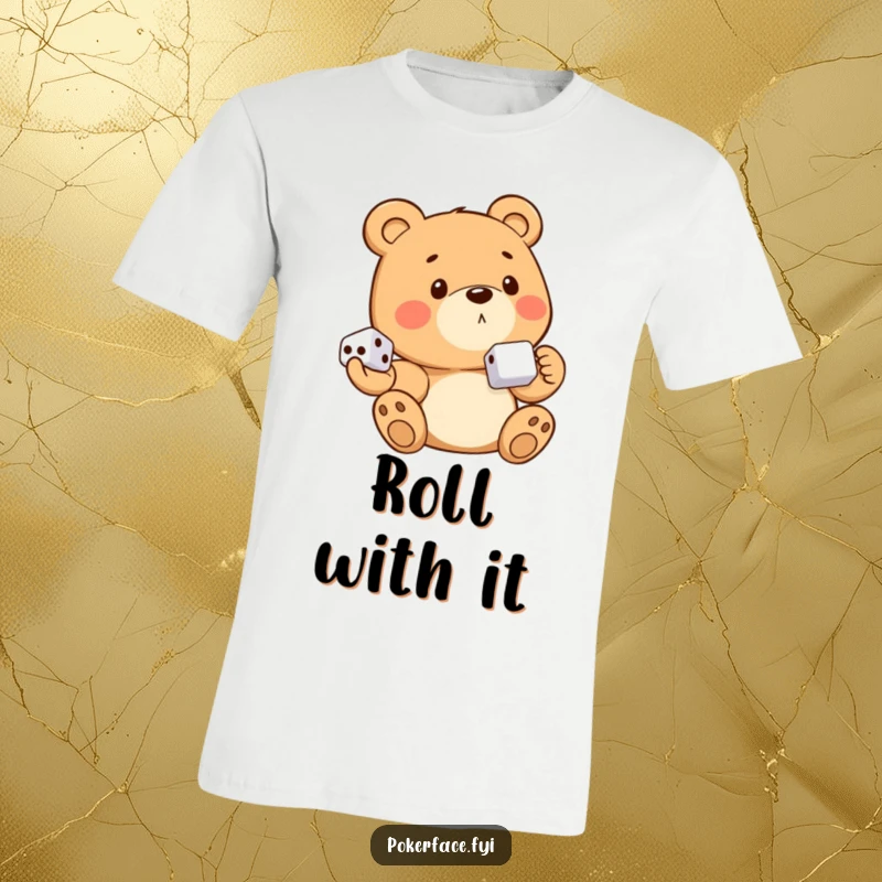 Funny bear with no discernible emotion, holding dice, designed on a t-shirt for gamers and collectors.
