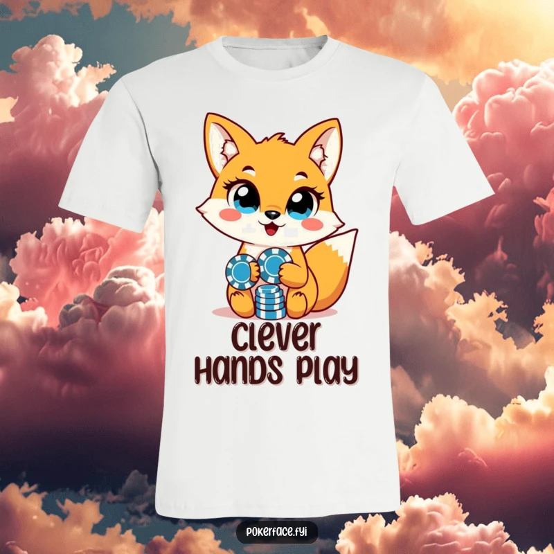 Funny fox character with unwavering eyes, holding poker chips, designed on a t-shirt for poker players.